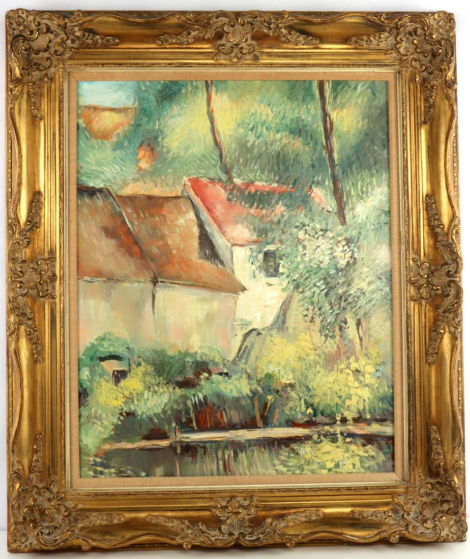 AFTER PAUL CEZANNE HOUSE OF PERE LACROIX PAINTING: In the style of Paul Cezanne the renowned, influential, French post impressionist painter. This vintage circa 20th century rendition of the House of Pere Lacroix (held in the National Gallery) is unsi