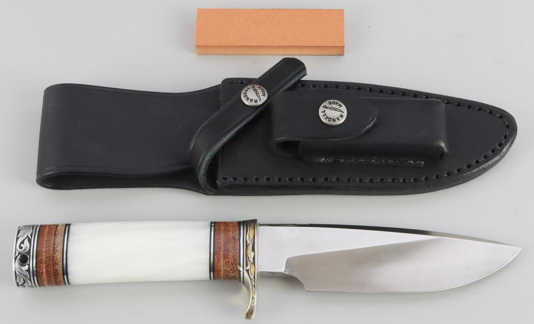 RANDALL MADE KNIFE CUSTOM TRAPPER W MOP HANDLE: Custom model 25 Trapper by Randall Made Knives. It has a 5 inch blade of 1/4 inch stock. Drop point hunter-style knife. Handle construction is reminiscent of a 1930’s design. Thumb notches and top o