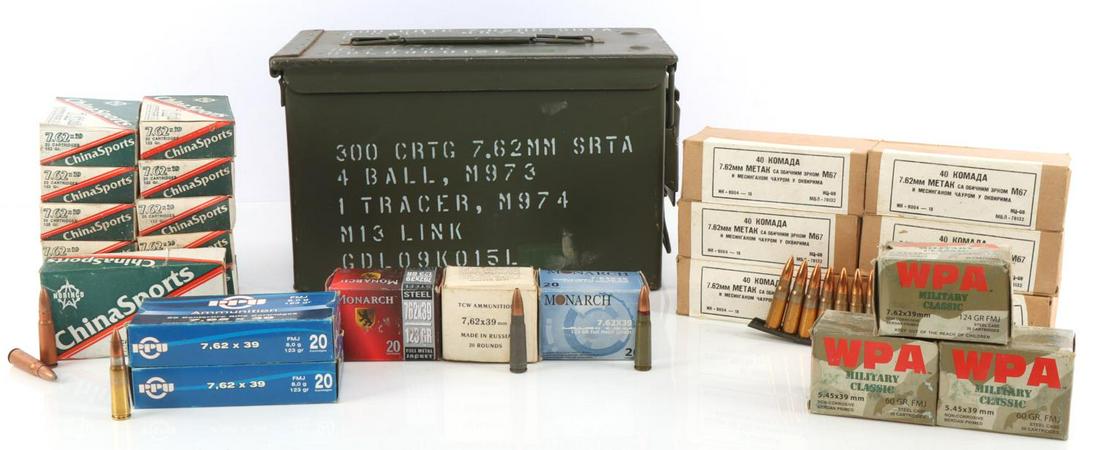 540 RDS 7.62X39 5.45X39 AMMUNITION: 500 rounds of 7.62X39mm and 40 rounds of 5.45X39mm. Grains vary between 1122 and 124. Brands include Russia, ChinaSports, WPA, Monarch, and TCW. Included in an ammo can.