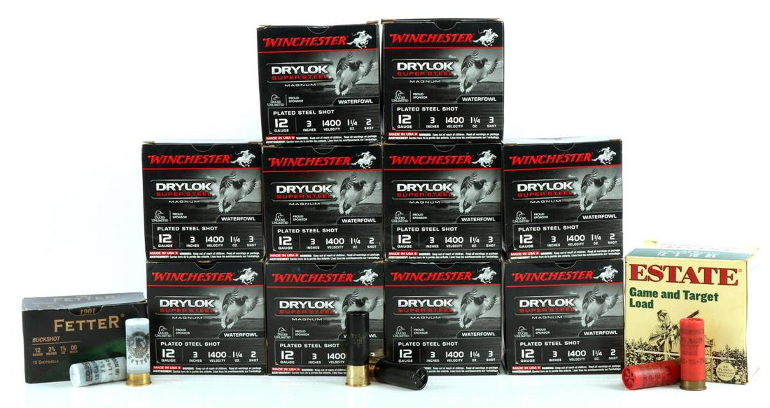 315 ROUNDS OF 12 GAUGE SHOTSHELLS MISC: Includes Winchester Drylok, Estate game load, and Fetter buckshot. Comes in 12 boxes.