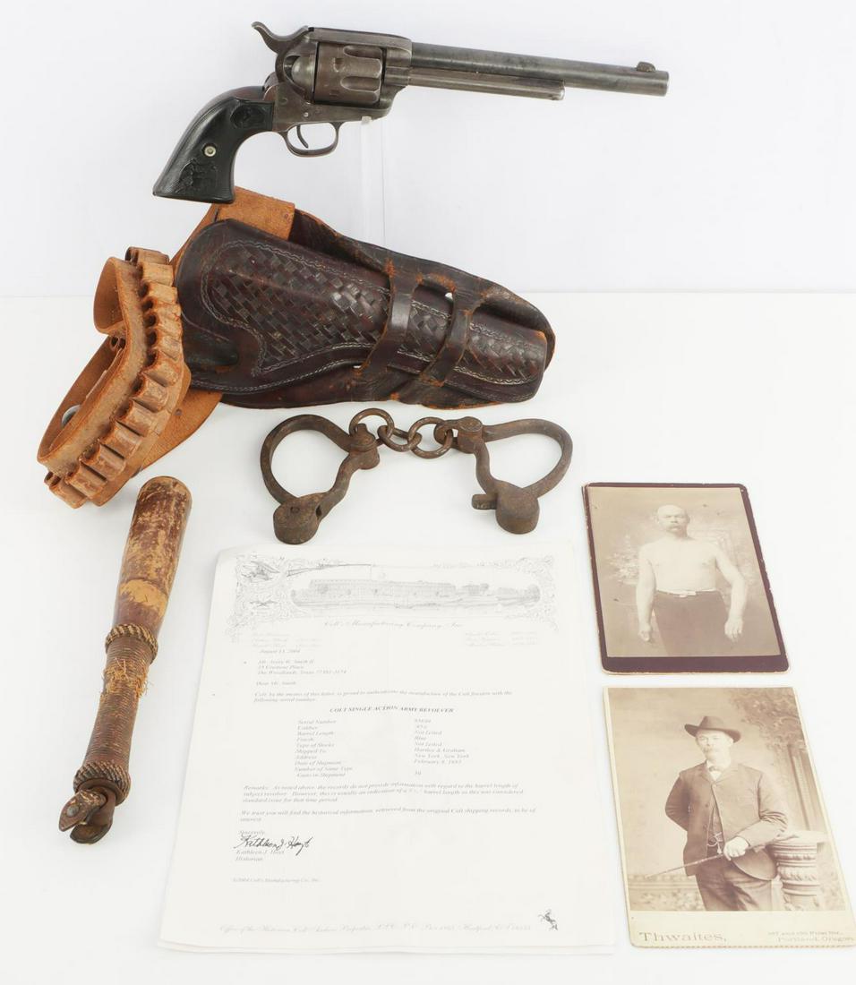 MARSHAL ALBERT GOODBROD 1883 COLT SAA WITH COA: Black powder frame Single Action Army. Barrel measures 6 5/8 inches. Smooth action. Very good condition. Dim bore. Matching serial numbers. Also included in this grouping is a 6.5 X 4 inch cabinet car
