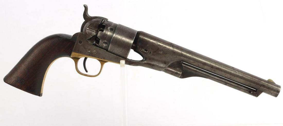 COLT NAVY M1861 PERCUSSION REVOLVER .36 CAL: Barrel measures 8 inches long, bore is mostly bright and clear with some rust and finish loss near the end. Action is smooth and functions without issue. Serial numbers match throughout the revolver. 