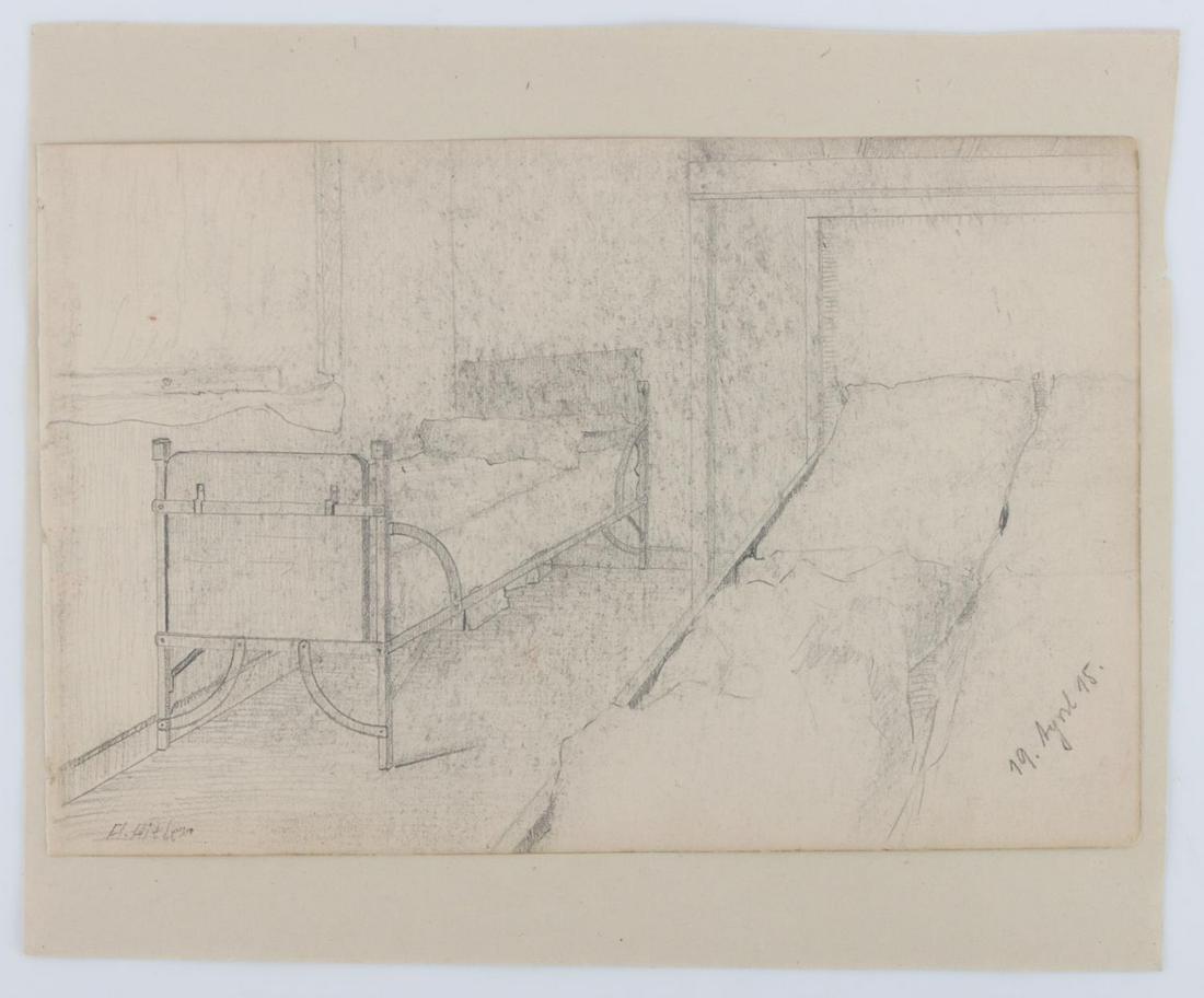 ADOLF HITLER 1915 PENCIL SKETCH OF HOSPITAL ROOM: 9 3/8 x 6 inch pencil sketch signed A. Hitler and dated 19 August 1915. Condition: sharp lines evident despite graphite contact rubs. Adolf Hitler, dictator of Germany from 1933 to 1945, produced hund