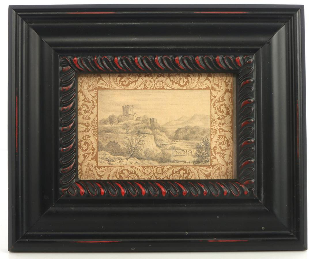 ADOLF HITLER ARCHITECTURAL PENCIL DRAWING: 2x3 inch miniature architectural pencil drawing signed A. Hitler. Condition: Overall very good and highly detailed set in 7 x 8 1/2 inch frame. Adolf Hitler, dictator of Germany from 1933 to 1945, pro