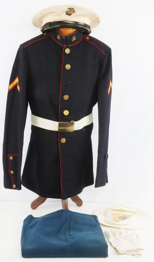 1920'S 30'S CHINA MARINE NAMED DRESS BLUE UNIFORM: PFC C.D. Naef, served USS Lexington among other stations 1930-33, includes named trousers, mothed, tunic, belt, has visor with Lat. Lon EGA, somewhat flattened and stained, has extra cover, tunic has