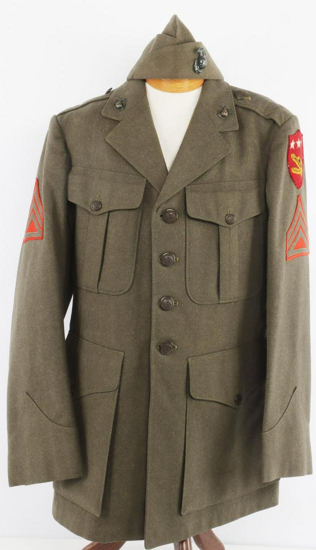 WWII USMC MARINE V AMPHIBIOUS CORP NAMED UNIFORM: Dated 1943, named to R.G. Nelson and includes his service record, collar EGA's, garrison cap with oversize EGA's, original WWII patch, size 38 r, cap is 6 7/8, no trousers, buttons appear to have been