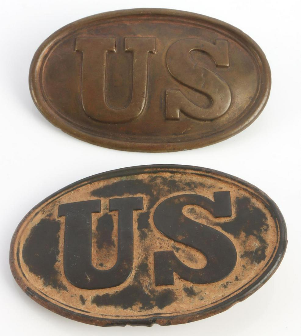 2 CIVIL WAR OVAL UNION U.S. BELT PLATE LOT: East west lugg reverse , and M 1839 three prong reverse, dug plate, has minor damage reverse. Just over 3 inches each