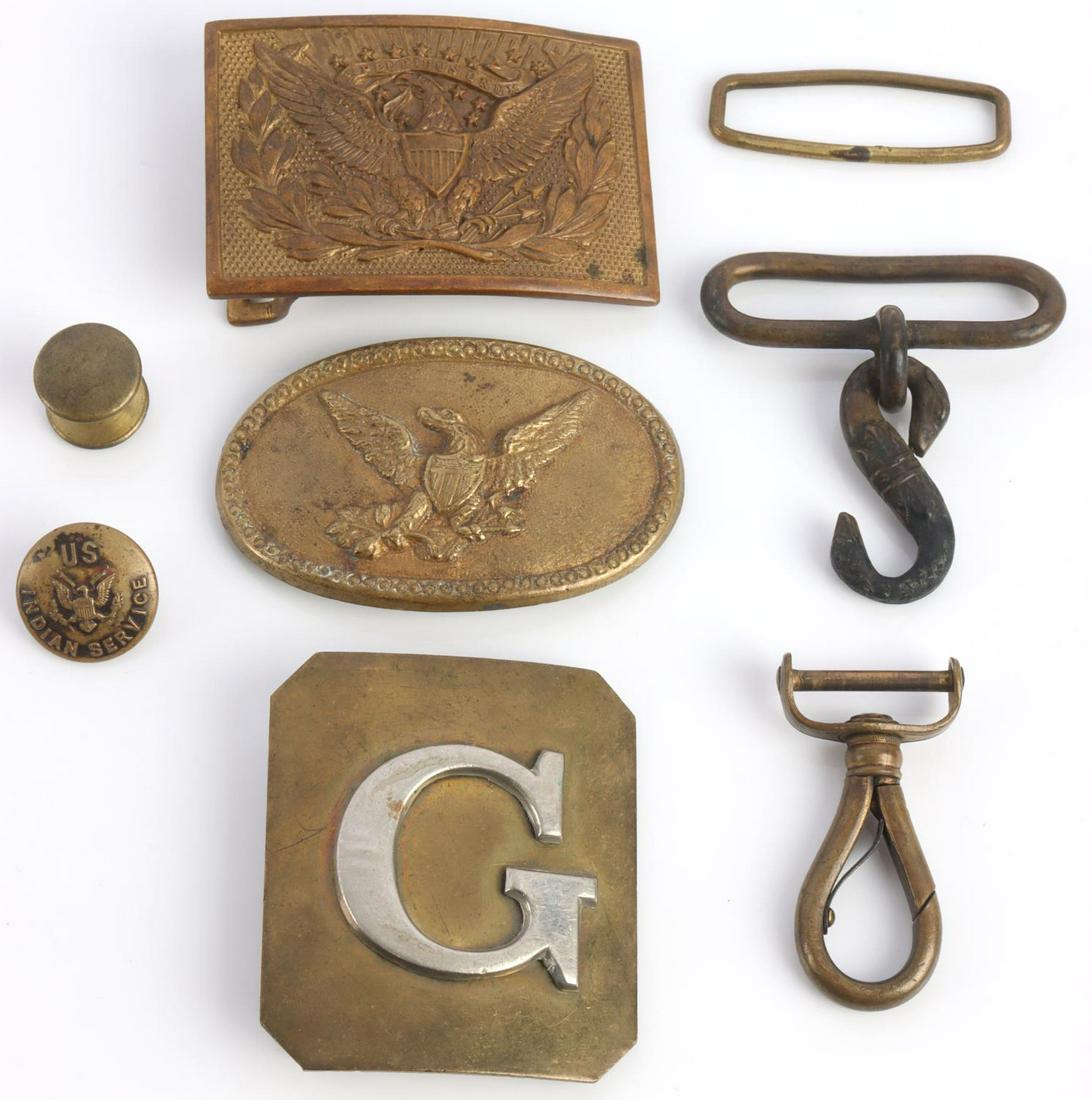 INDIAN WARS BELT PLATE LOT SNAKE CLASP BUTTON: Lot includes 3 belt plates, the oval has damage to reverse, snake clasp, US Indian Service button, 2 piece S, Eisner co. dent in reverse.