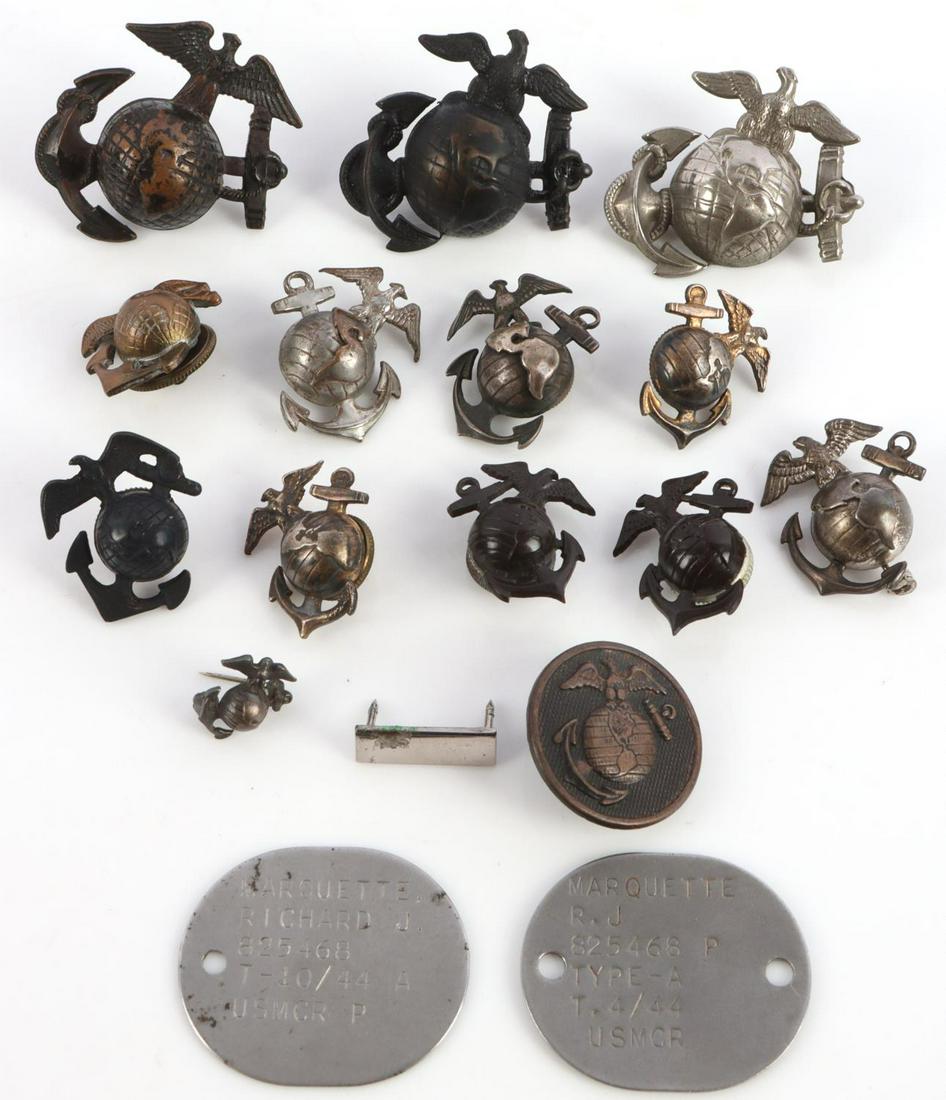 USMC MARINES EGA LOT WWI WWII VIETNAM STERLING PR: Nice grouping includes 4 sterling collar EGA's, bronze China Marine, dog tags, WWI collar pan, 3 island visor badge, and more. As photographed.
