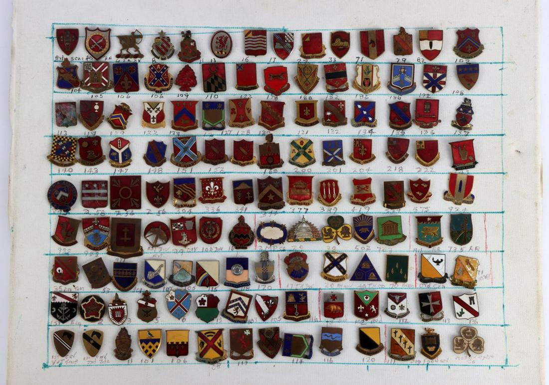 126 ARTILLERY DIVISION WWII WAR DUI INSIGNIA LOT: Lot of 126 various WWII to post war Distinctive Unit Insignias (DUI) including artillery divisions, infantry divisions, engineering divisions, cavalry units, and more. All badges are screwback and siz
