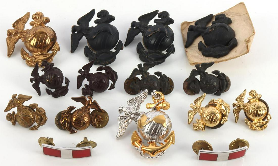 WWII USMC MARINES WARRANT OFFICER STERLING EGA LOT: Includes a pair of sterling Meyer Warrant Officer shoulder insignia, sterling 952 stamped officers EGA, and 13 large Cuba collar and visor insignia.