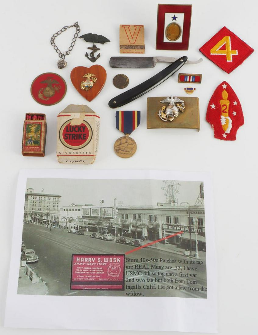 WWI WWII USMC MARINES SWEETHEART STERLING EGA LOT: Great grouping includes: USMC stamped blade razor, Lucky Strike cigarette pack with Mexican Matches, cigarette pack signed from Kay Kiser - a local San Diego singer - USMC buckle with sterling EGA and