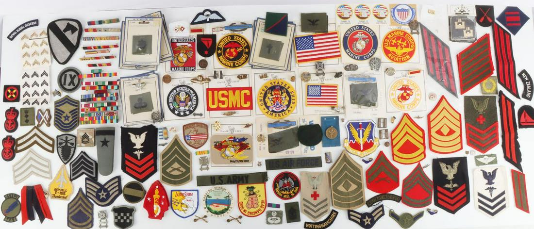 LARGE MILITARY PATCH & INSIGNIA LOT USMC STERLING: USMC, USN, Mostly, but others as well, Ribbons, collar and cap insignia, 158 grams of sterling silver, CIB, Airborne, Multi conflict insignia, as photographed.