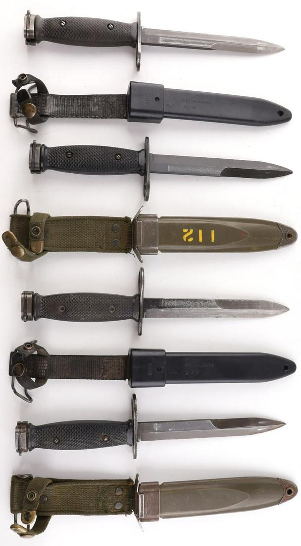 4 US VIETNAM ERA M7 BAYONETS & M8A1 & M10 SCABBARD: Lot of 4 US Vietnam era M7 bayonets; 2 with M8A1 scabbards and 2 with M10 scabbards. BOC marking on all guards. Blade lengths are approximately 6 3/4 inches. In good condition.