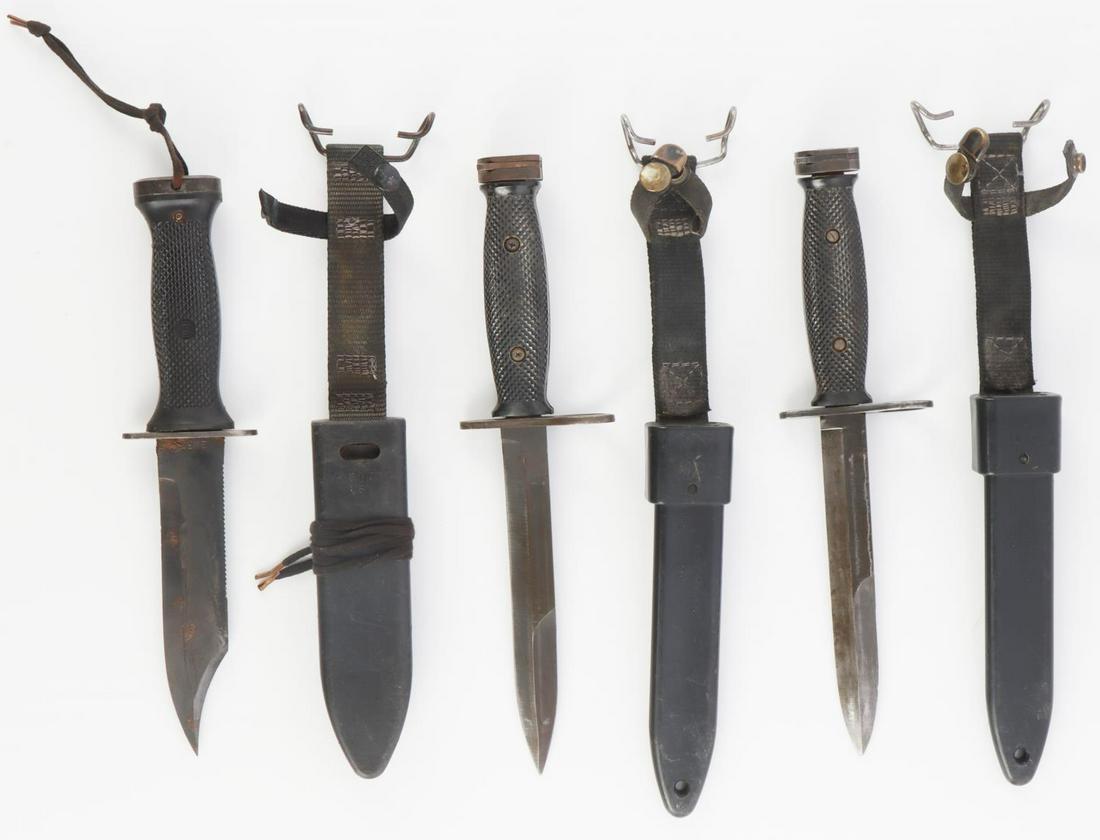 FIGHTING KNIFE MK 3 MOD 0 USN SEALS 2 M7 BAYONET: US Navy SEAL fighting knife light surface rust to blade otherwise very good, with good scabbard, 2 M-7 Bayonets in M-10 scabbards, one Ontario the other BOC, very good overall including blades.