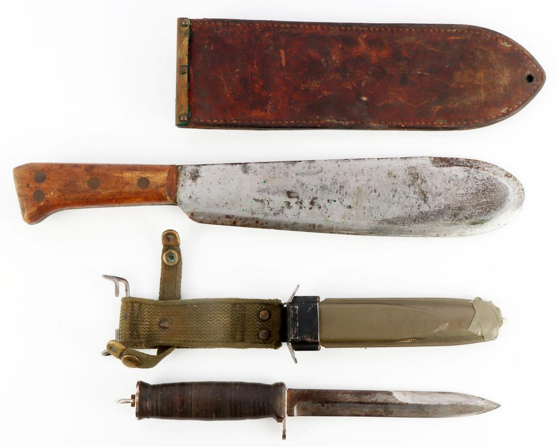 WWII USMC CORPSMAN BOLO & M7 FIGHTING KNIFE: Very nice Hospital Field USMC Village Blacksmith marked blade, with USMC Boyt 45 dated scabbard, also M7 bayonet converted to fighting knife, with M8 scabbard, taped chape, each excellent examples.