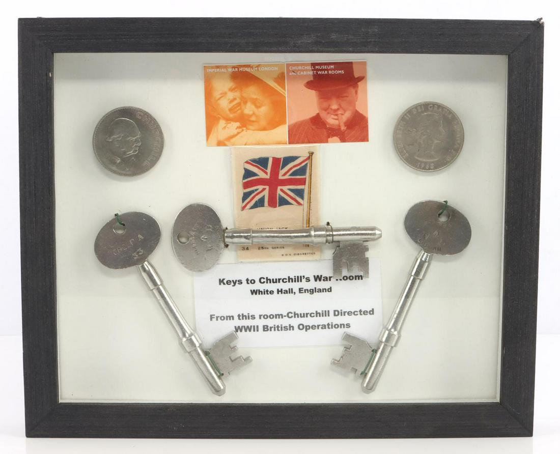 WWII BRITISH WINSTON CHURCHILL WAR ROOM KEYS: Reputed to be authentic with maker's marks for "Hobbs & Co. WD London" which is an old British locksmith, three keys are included. Also includes two British coins and a cigarette card. In frame measur