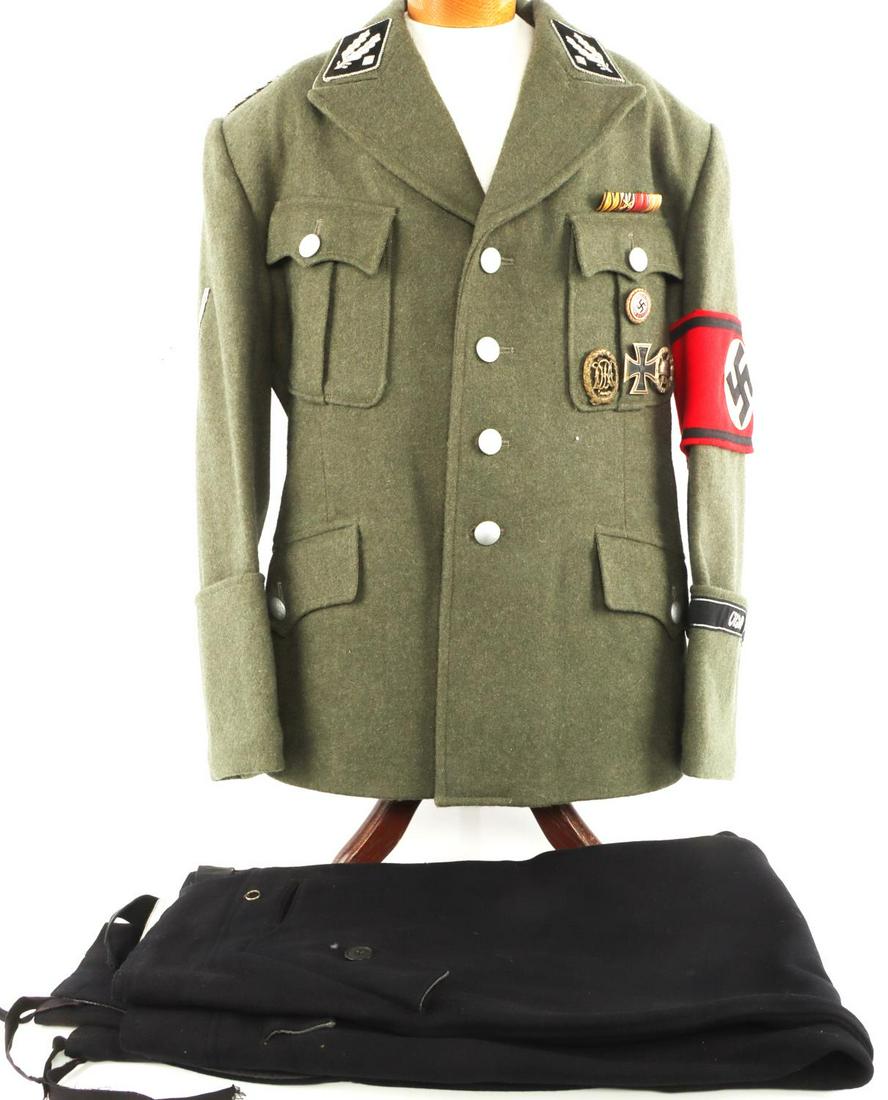 WWII GERMAN SS OBERFUHRER TUNIC W JODHPURS: Tunic features First Class Iron Cross with 2 piece frame, magnetic core, and no makers mark. Gold party badge marked Deschler and Sohn and numbered 15518. A DRL badge and WWI wound badge. SS armband w