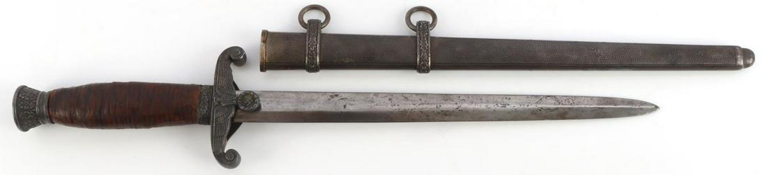 WWII GERMAN REICH HEER DAGGER GI FIGHTING KNIFE: Heer officer's dagger which has had its handle modified to a leather wrap consistent with that of a U.S. fighting knife. Eickhorn marking on blade. Probably modified by a G.I.. Pommel unscrews but han
