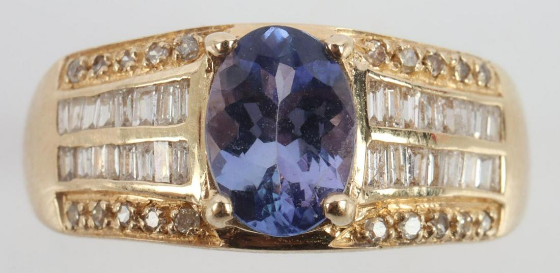 BLUE GARNET DIAMOND 14K YELLOW GOLD RING: Stamped "14K" inside shank. Garnet tests electronically as Pyrope. Baguette cut diamonds measure .9X1.2mm. Center stone measures 7.33X5.33 millimeters. Ring is in very good condition without damage to