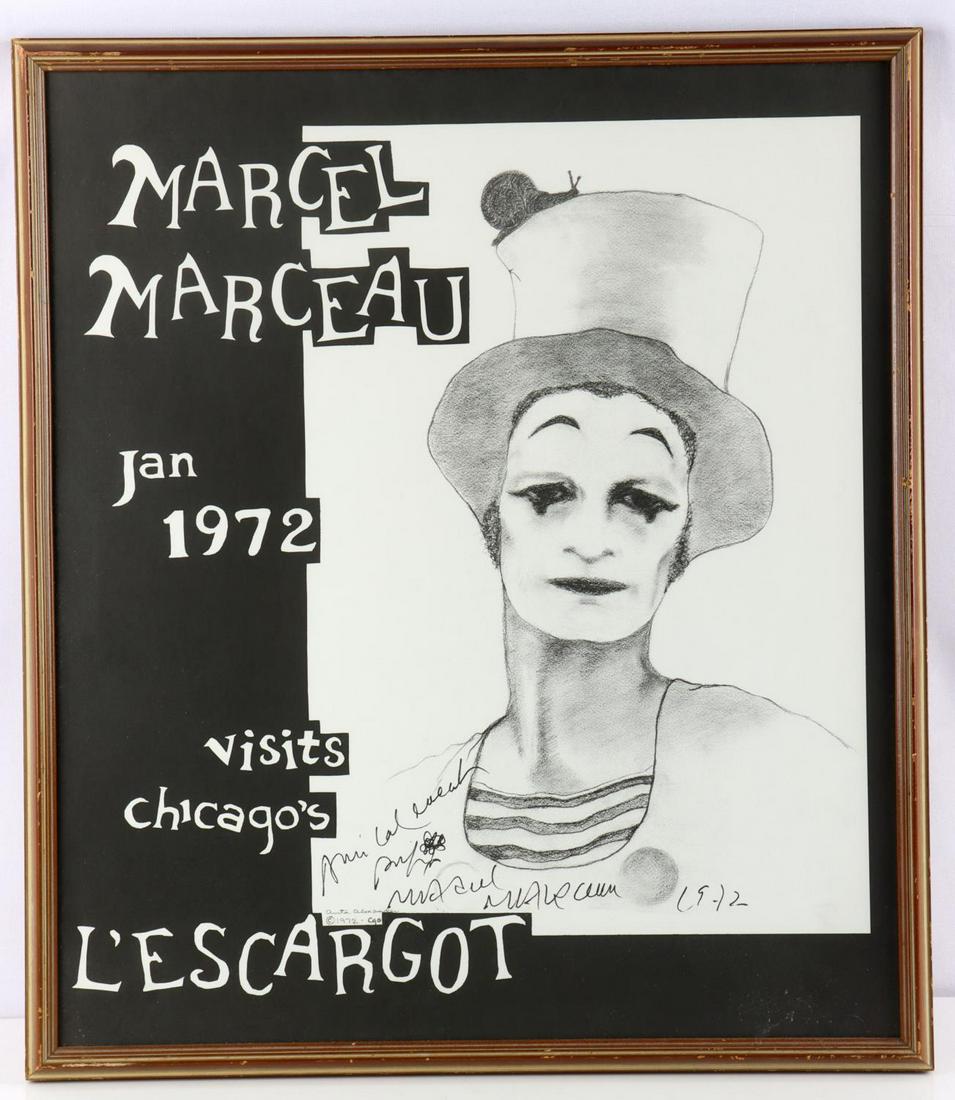 AUTOGRAPHED MARCEL MARCEAU 1972 VENUE POSTER: Anita Alexander 1972 L'Escargot Marcel Marceau Poster Chicago. In very good condition, hand signed by one of the most famous mimes in the world. He created his own school, Compagnie de Mime Marcel Mar
