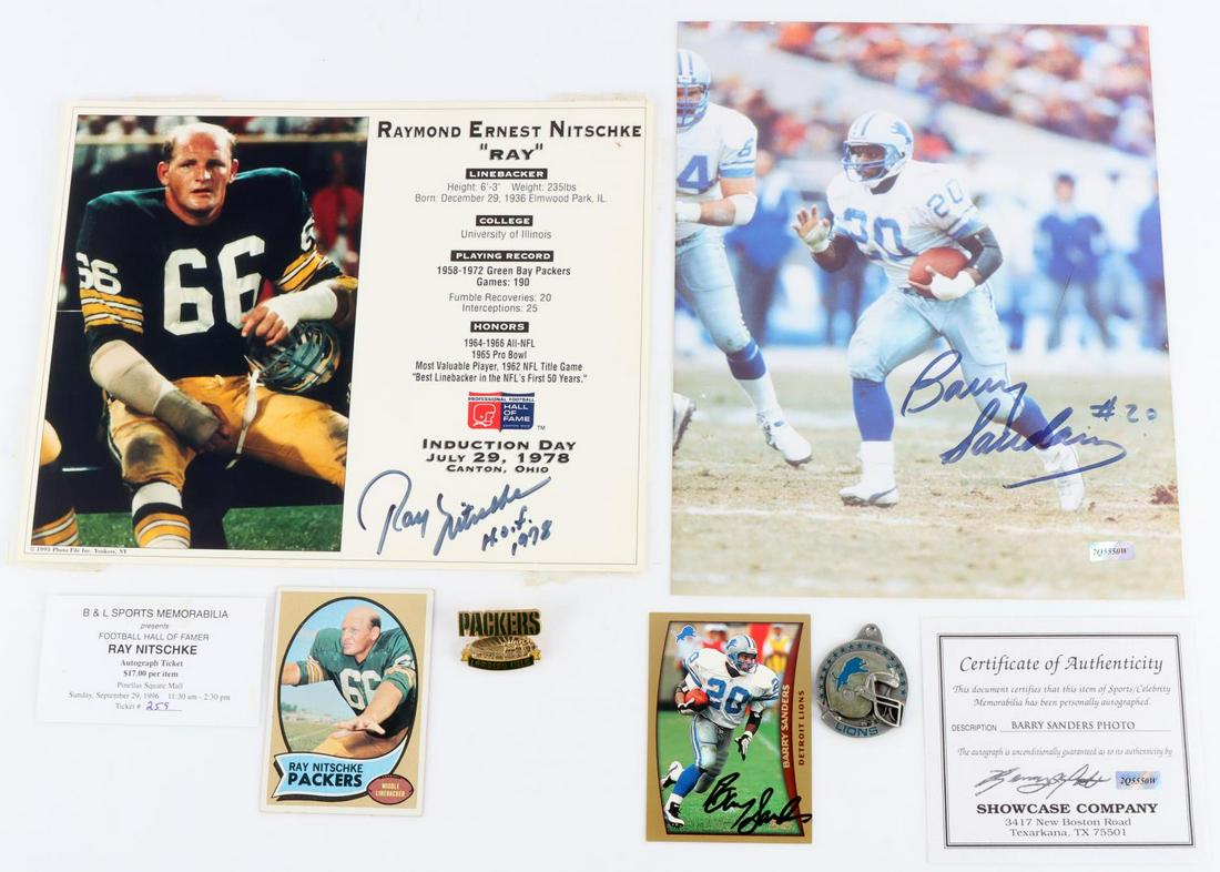 2 NFL BARRY SANDERS RAY NITSCHKE AUTOGRAPH SETS: 2 NFL autograph sets of Detroit Lions Barry Sanders and Green Bay Packers Ray Nitschke. Nitschke set includes 8x10 signed stats card, trading card, pin, and COAs. Barry Sanders set includes 8x10 signe