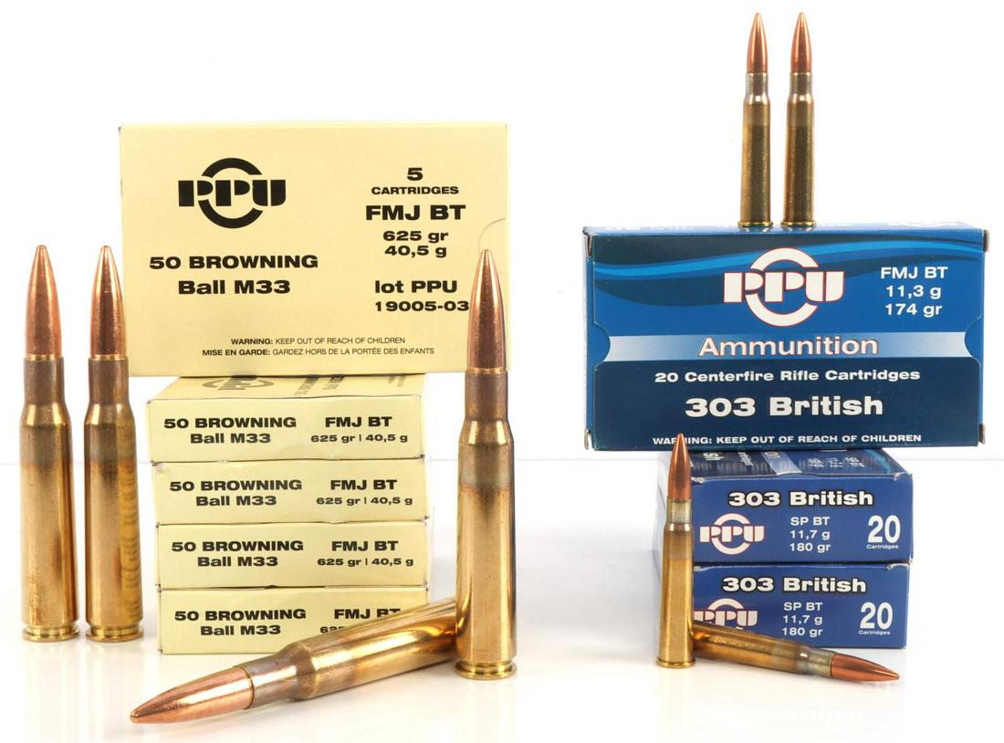 LOT OF 85 ROUNDS 50 CAL BALL M33 AND 303 BRITISH: .50 cal Ball M33 FMJ BT 625 grain rifle ammo and 303 British FMJ 174 grain. New in box.