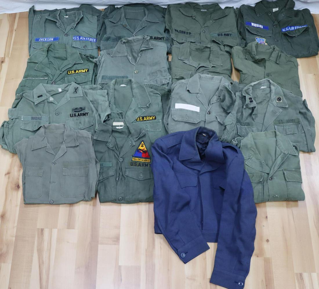 15 VIETNAM ERA AIR FORCE ARMY NAVY OD SHIRT LOT: All shirts are used but clean. Most are size medium with a few size smalls. The Ike Air Force blue jacket is 35 R. There is one Navy OD, probably Seabees, and one army officer. All are in good to very