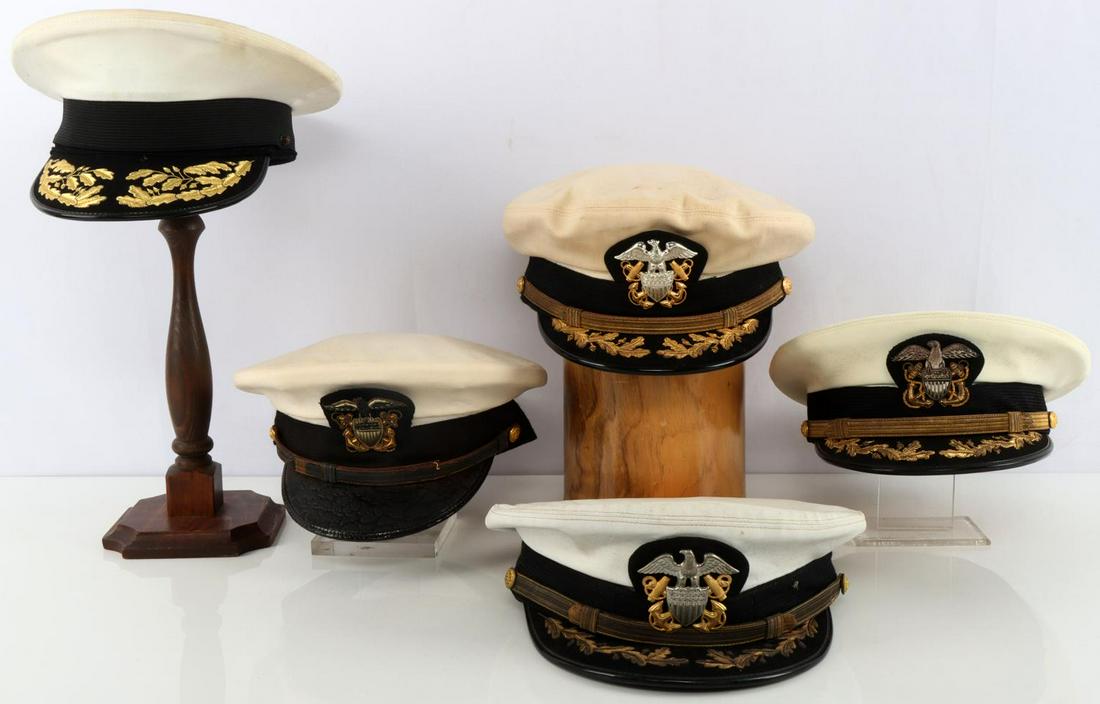 WWII POST WAR 5 US NAVY OFFICER CAPS: All 5 have tailor's tag. Two have bullion eagles, and all but one have bullion on visor.