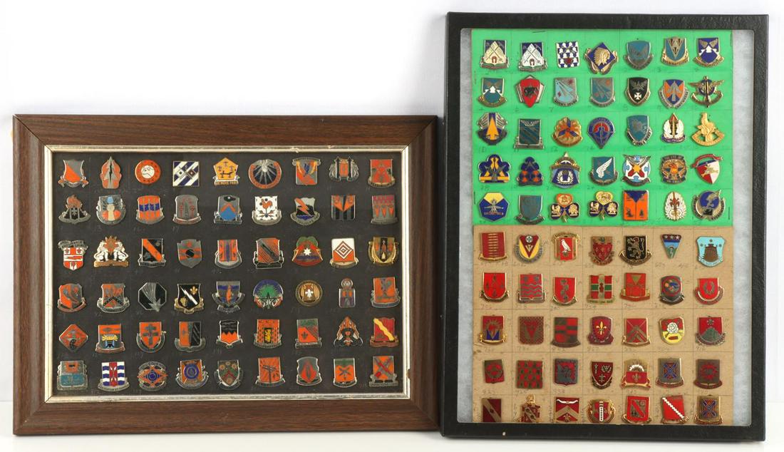 124 SIGNAL & ARTILLERY BATTALION DUI INSIGINIA LOT: Lot of 124 various military post-war to current distinctive unit insignias (DUIs). Includes signal battalions, artillery battalions, aviation battalions, and more. Badges come in two separate frames;