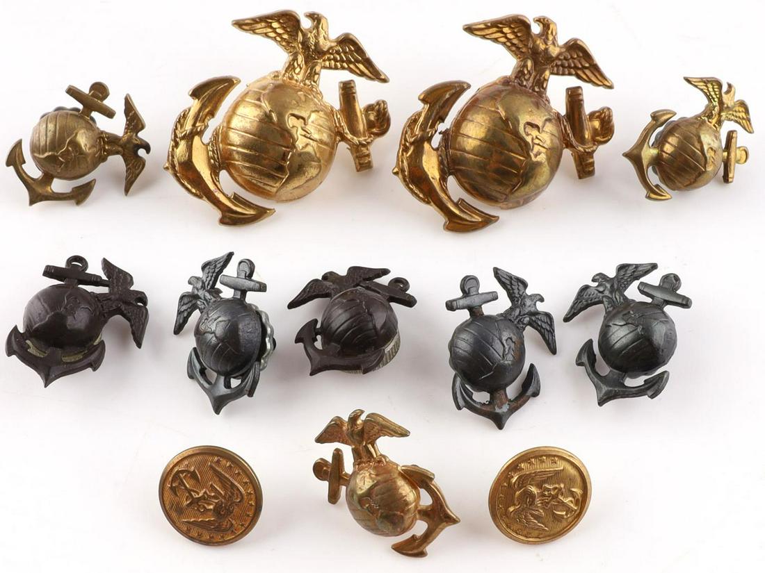 KOREAN USMC MARINE KIA COLLAR & VISOR EGA LOT: Has tag stating Adelaide Marcel Demers USMC Korea KIA. No claim or verification by us. Lot consists of 2 plastic collar EGAs, brass set of 3, a loose insignia, and 1 metal set of collar.