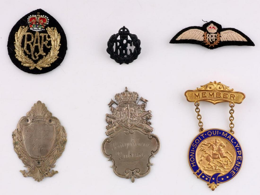 RAF RFC ST GEORGE ORDER GERMAN LUBEN BADGE MEDAL: Order of St. George, Royal Flying Corp badge, Royal Air Force cloth wings and patch, and German Luben plates.