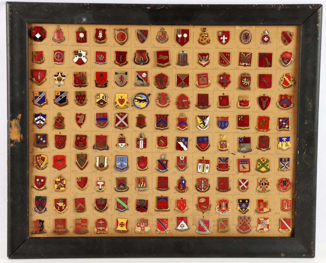 WWII & POST WAR US ARMY DUI ARTILLERY INSIGNIA: 130 Distinctive Unit Insignia for artillery, infantry, and more. Can be removed from frame upon winning bidder's request to save on shipping costs.