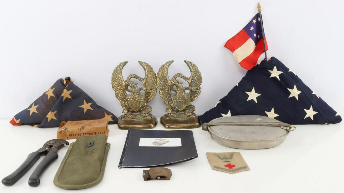 WWII MILITARY COLLECTIBLE LOT 48 STAR FLAG CUTTERS: Includes brass Federal Eagle bookends and two 48 star flags. One flag is battle worn and measures 32x58 inches while the second flag is in very good original condition, measures 45x72 inches, and is d