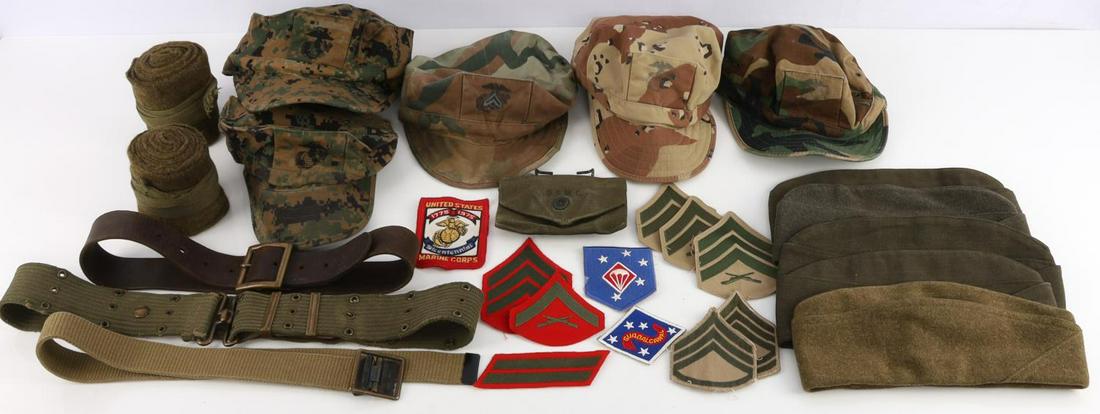 WWI WWII VIETNAM DESERT STORM USMC MARINE GEAR LOT: Includes sizes 7 & 7 1/4 WWI, WWII, and later garrison caps (one dated 1918), small leather and web belts, 5 garrison caps size small to large, cloth insignia, patches, and more.