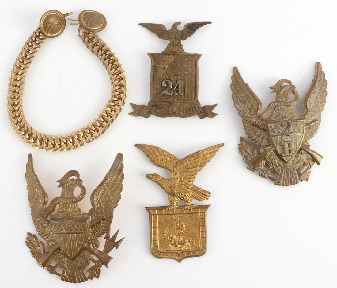4 INDIAN WARS HELMET PLATE LOT & CHIN SCALED STRAP: 4 helmet plates, lugg and screw reverse, Federal and Militia, and scaled chin strap.
