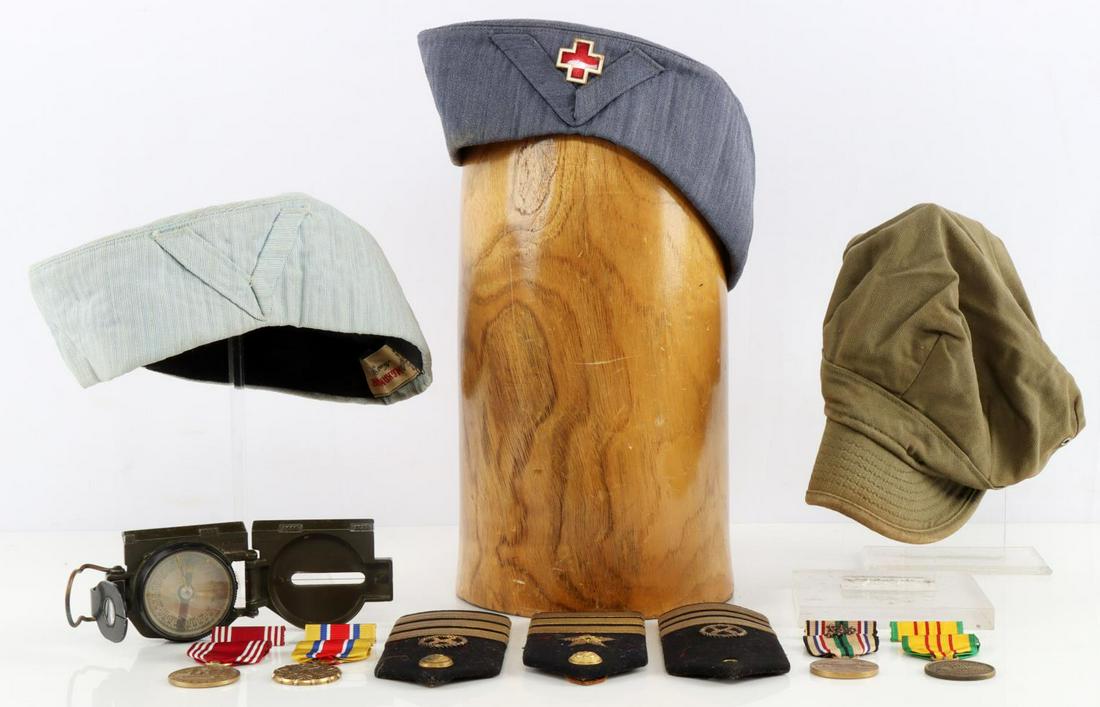 WWII USMC OD CAP NURSE SIDE CAPS US MEDALS COMPASS: Includes U.S. Navy supply officer shoulder boards, a singe Line officer Cdr. shoulder boards, 1944 dated OD green USMC cap (says size 7 but much smaller), Vietnam to Gulf war medal lot, and a working 