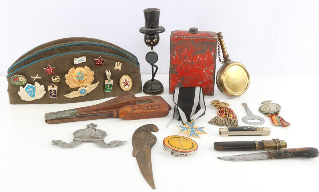 ANTIQUE LOT USSR IMPERIAL GERMAN KNIFE MEDAL MORE: Includes Soviet cap with badges, ice pick in sheath, black Americana with banjo bottle opener, gun oil and gun powder can, reproduction Pour Le Merit, Bear & Bull pocket knife, Oceana knife, Imperial