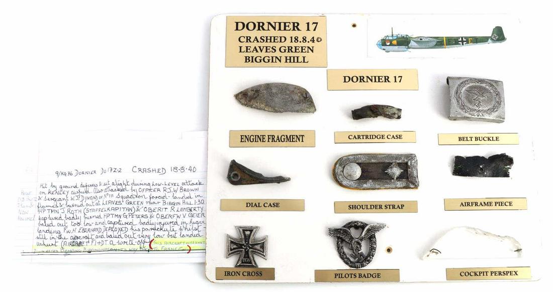 WWII GERMAN DORNIER 17 CRASH RELICS PILOT BADGE: With complete handwritten provenance. Crashed August 18, 1940, in Leaves Green Biggin Hill, England, after bombing. Birmingham on return to France, pilots were badly injured but survived. Lot includes