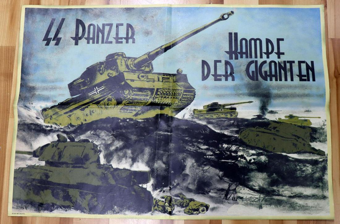 WWII GERMAN WAFFEN SS PANZER PROPAGANDA POSTER: Poster depicts heavy wartime action of SS soldiers fighting Russian tanks. Striking image with vivid detail and bold colors. Very good overall condition. Great display piece. Measures approximately 33
