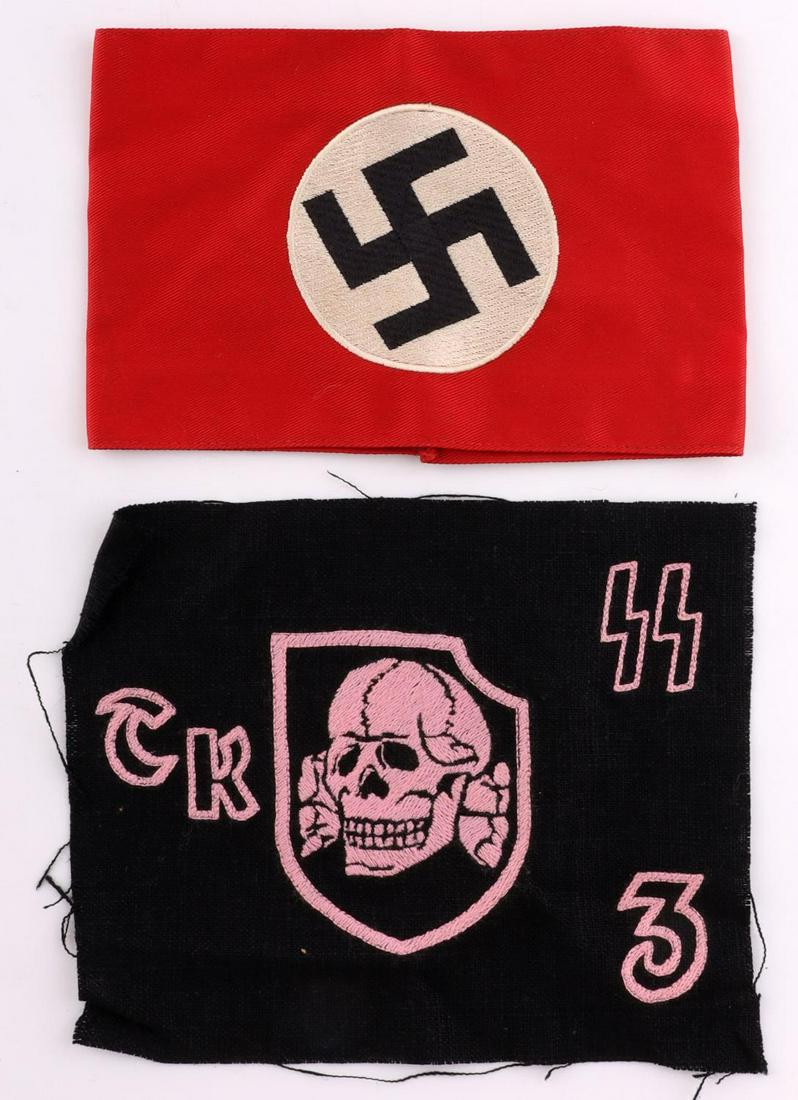 WWII GERMAN NSDAP ARMBAND AND SS PANZER PATCH: Postwar examples. Standard NSDAP armband and panzer patch. Measures 7 3/8 and 7 1/2 inches.