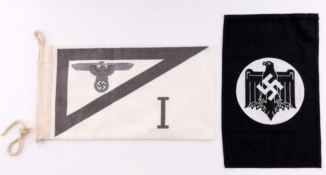 WWII GERMAN THIRD REICH HEER FLAGS: White flag does not fluoresce whereas the black one does. Measures 14 1/2 and 12 inches. Very good condition. Unauthenticated, sold as is.