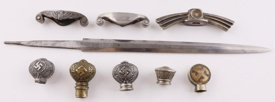 WWII GERMAN LOT OF LUFTWAFFE DAGGER PARTS: Lot features crossguards, pommels, and a dagger marked F.W. Holler. Measurements range 1 1/8 - 14 1/4 inches. Unauthenticated, sold as is.