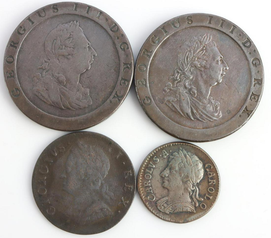 GREAT BRITIAN 1/2 PENNY FARTHING ANTIQUE COIN LOT: Lot of four 17th and 18th century British coins. Includes 1675 Farthing, 1740 1/2 Penny, and two 1797 Penny coins. Conditions range from F to AU.