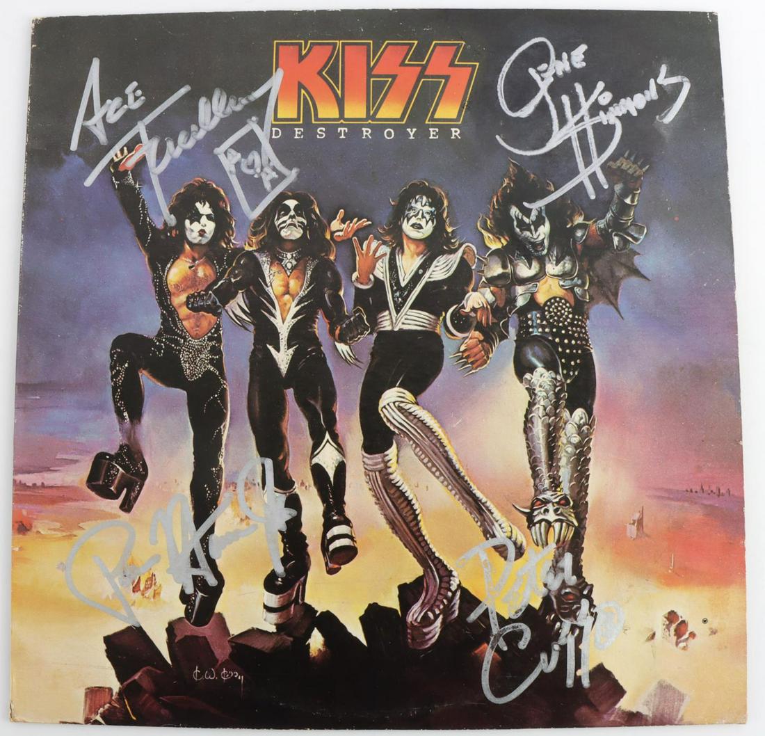 1976 KISS DESTROYER RECORD ALBUM SIGNED BY ALL 4: 1976 KISS "Destroyer" vinyl record album, hand signed by Paul Stanley, Gene Simmons, Ace Frehley, and Peter Criss. All autographs are bold and signed in silver marker. One autograph in each corner. So