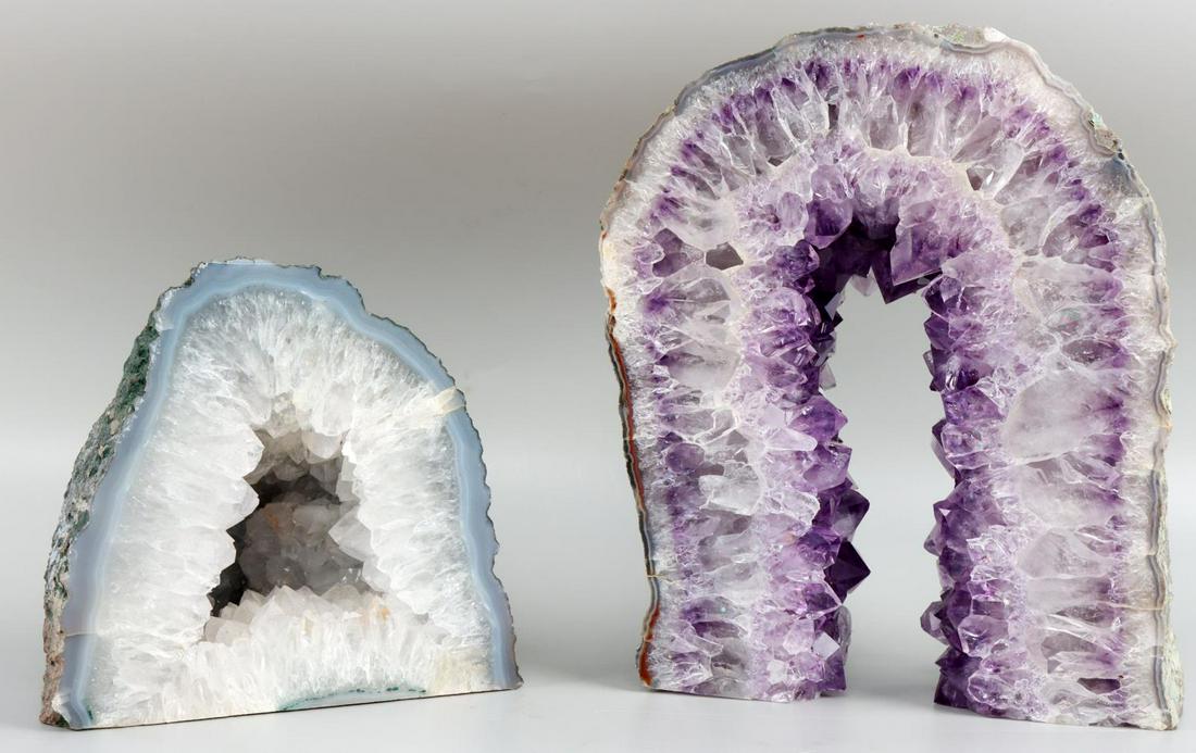 2 AMETHYST AND QUARTZ GEODE SPECIMEN: Amethyst geode specimen measures 9x7x2 inches and quartz geode specimen measures approximately 6x5x4 inches. Total weight of 12.8 pounds.