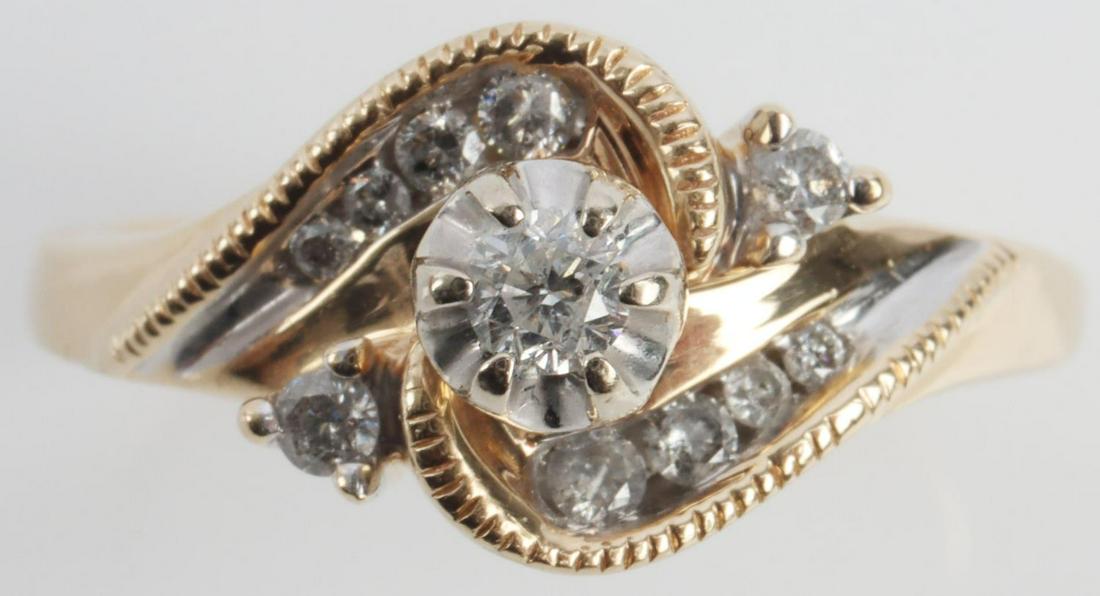 14KT GOLD 1/3 CT DIAMOND CLUSTER COCKTAIL RING: Hallmarked along interior of band "14kt," "D JB" (inside a diamond), "M 1/3 TW," & " ALL MY LOVE." Ring is a size 10. Center diamond measures 2.9mm. Total carat weight of 1.3 carats. Total weight of 5