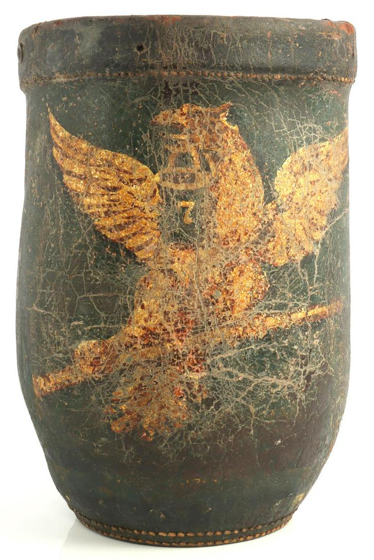 VINTAGE BOSTON LEATHER JAMES RILEY FIRE BUCKET: A vintage leather fire bucket with markings underneath reading "James Riley" and "Boston." Bucket has a painted eagle holding a bucket #7 on the front. Has age wear and measures approximately 12 inche