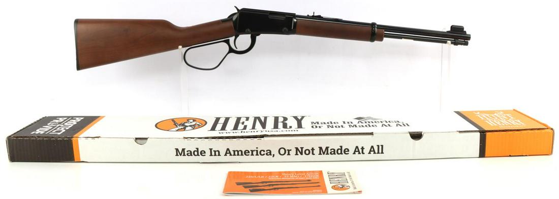 HENRY REPEATING LEVER CARBINE .22 CAL RIFLE: New in box. 16 inch barrel with a 34 inch overall length. 4.5 pound weight. Adjustable rear sight. 14 inch length of pull. FFL required for transfer. No international shipping. Know your state laws pr