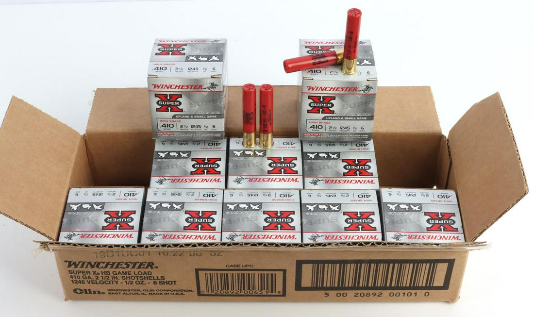 250 ROUNDS OF WINCHESTER SUPER X 410 GA SHOTSHELLS: New in box, comes in 10 boxes with 25 rounds each. 2 1/2 inches, 6 shot, high brass .410 bore.